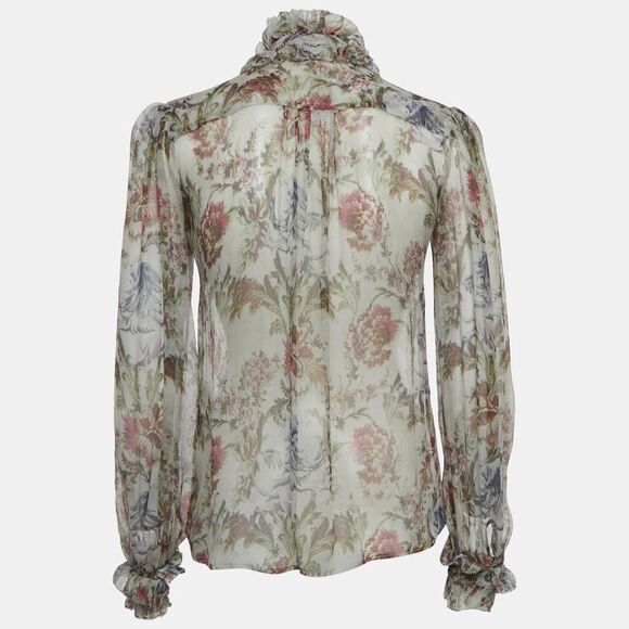 Dolce & Gabbana Grey Floral Print Silk Ruche Shirt Xs